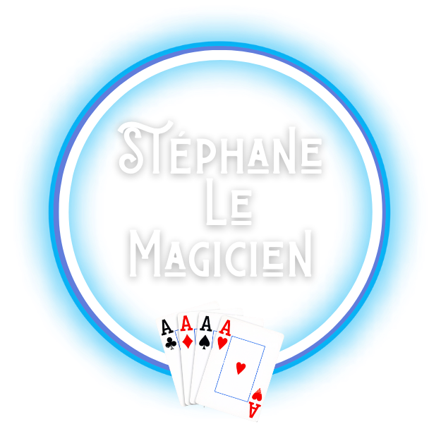 Logo de Stéphane Le Magicien : cercle lumineux bleu avec quatre as de cartes