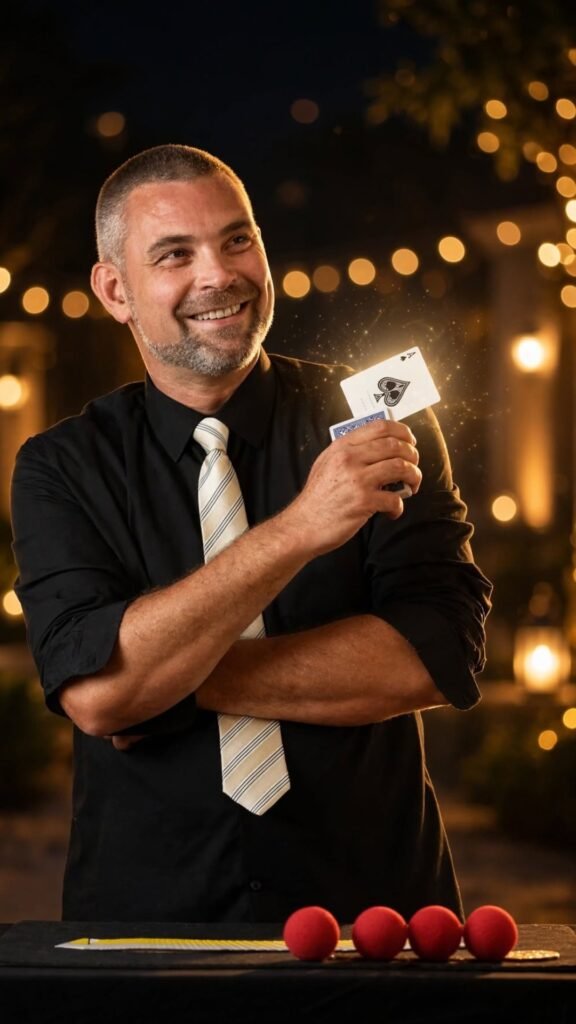 Stéphane Le Magicien, souriant, tient un as de pique au-dessus d'une table de magie