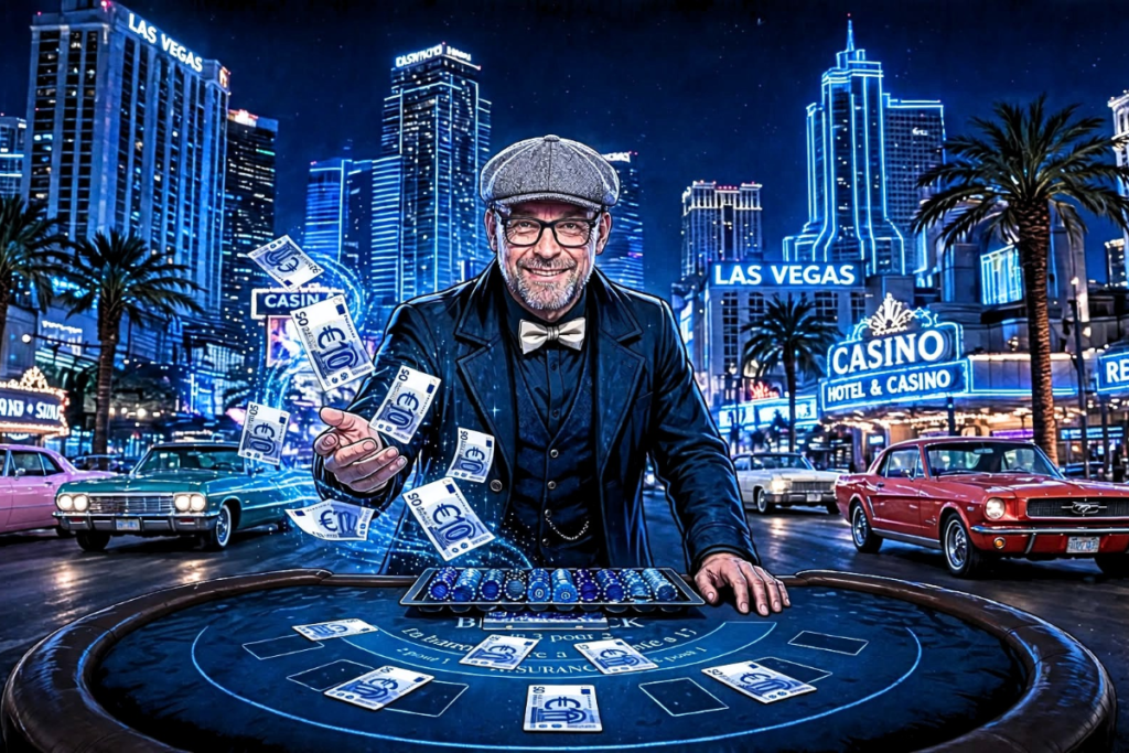 Stéphane le Magicien à une table de blackjack, ambiance casino de Las Vegas